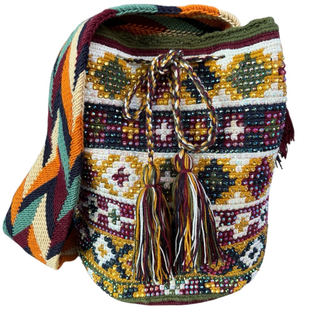 Colorful Bohemian Wayuu Mochila Handmade Woven Beaded Crossbody Bucket Bag